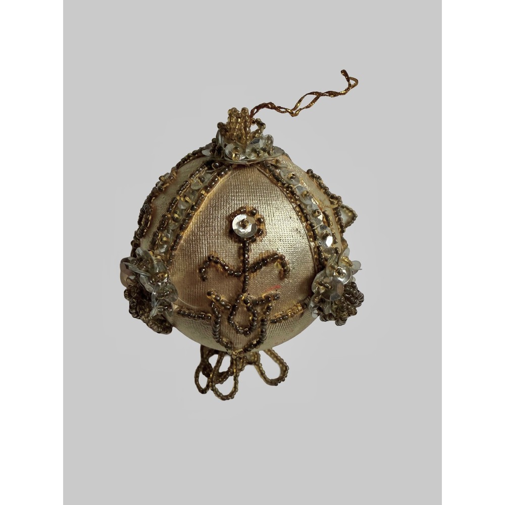 Vintage Gold Beaded Christmas Ornament Sequin Satin Ball Victorian Style 3 Inch